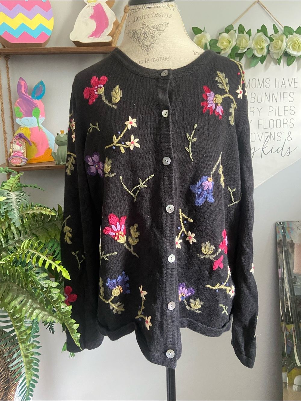 The TOG Shop LARGE Black Floral Embroidered Button-Front Cardigan